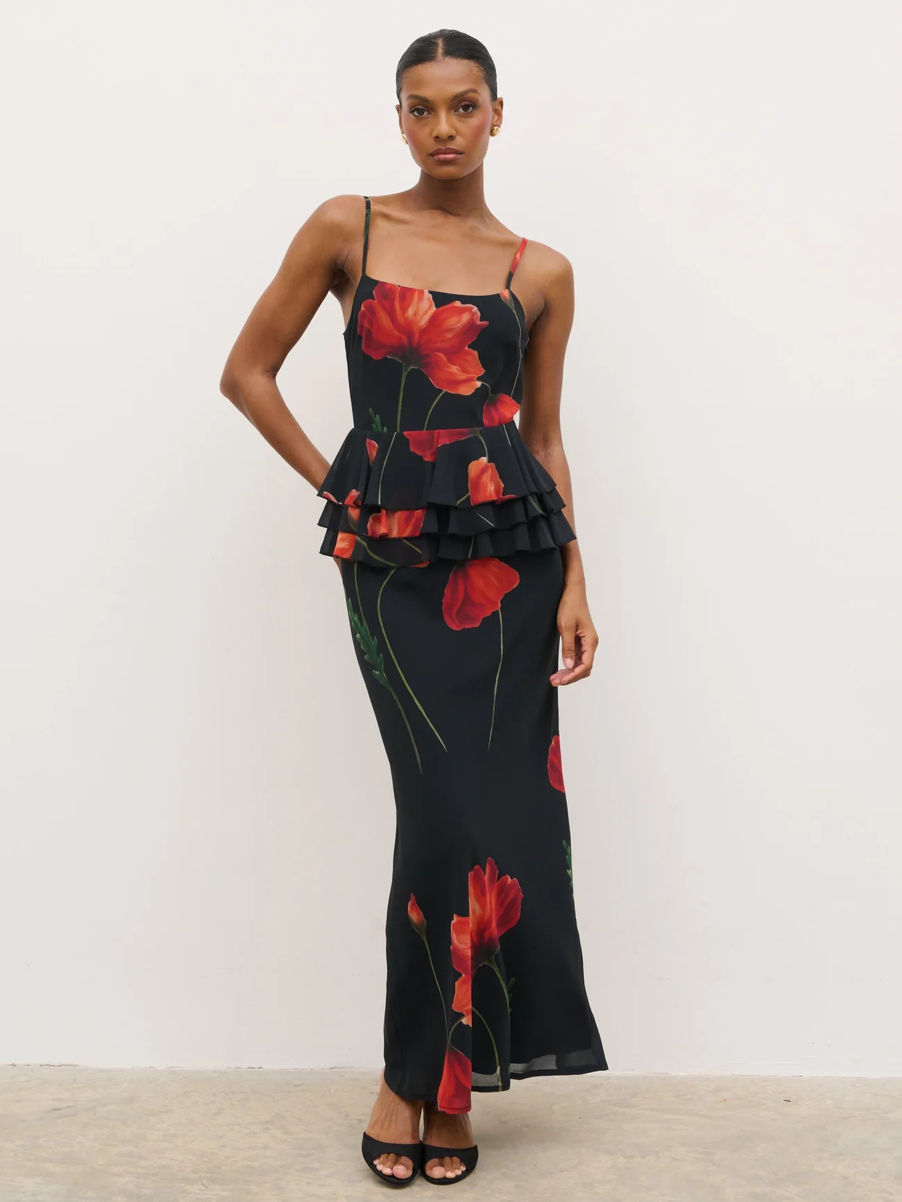 Rosie Peplum Ruffle Maxi Dress - Largescale Poppy Petal Red | Pretty Lavish (UK)