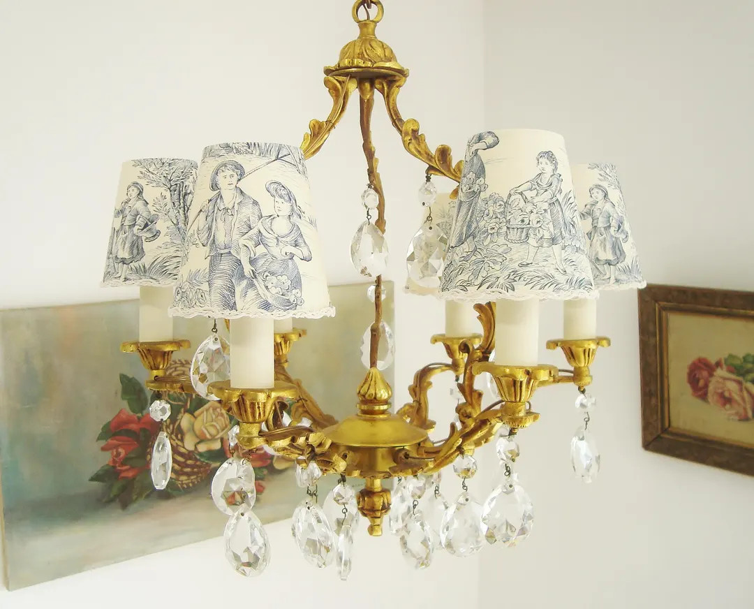 Vintage French Rococo Chandelier With Six Handmade Toile De Jouy Lampshades - Etsy | Etsy (US)