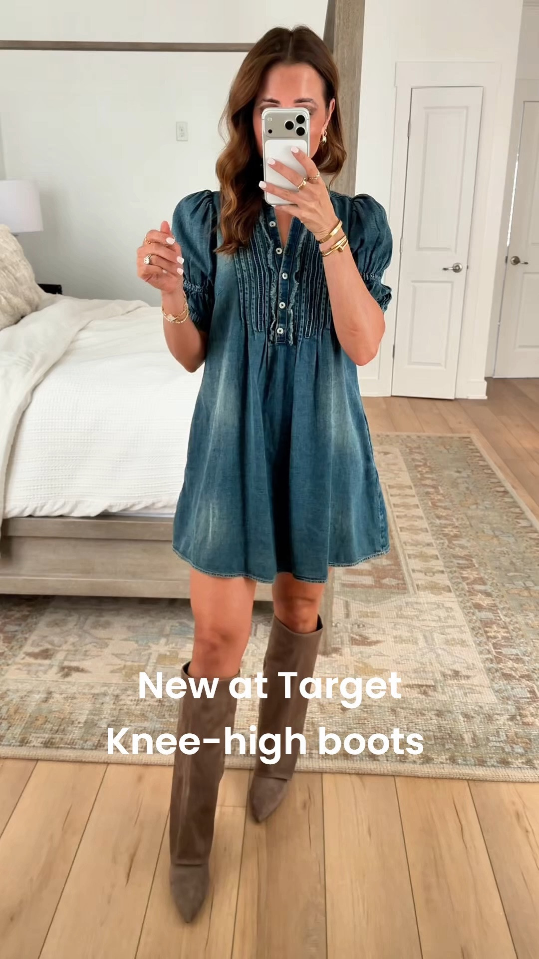 I love these new knew high boots from Target! These cut below the knee and are short-girl friendly for me (I am 5’3). TTS with a kitten heel. Wearing XXS regular in denim dress. Fall shoes. Fall outfits. Fall style. Fall workwear. Teacher outfits. Travel shoes. Travel outfits. Elevated casual outfits.

#LTKootd #LTKPetite #LTKSeasonal