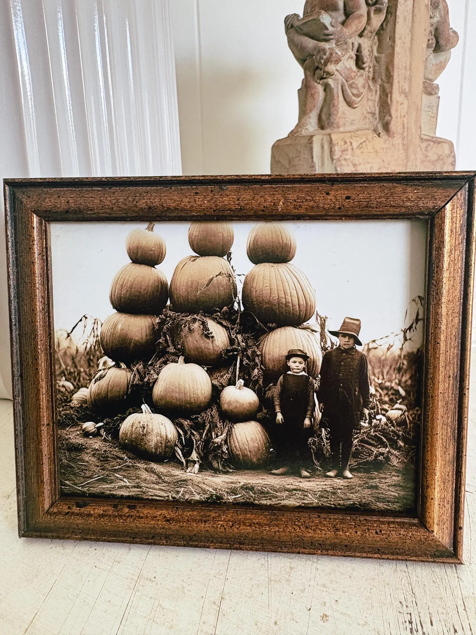 Primitive Halloween Decor, Pumpkin Harvest Print in Antique Gold Vintage Wood Frame, Small Framed Fall Art | Etsy (Global)