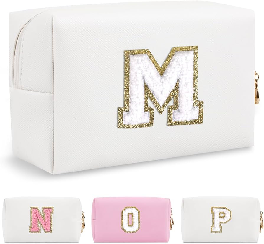 Small Personalized Initial A-Z Preppy Patch Makeup Bag,White PU Chenille Letter Travel Cosmetic P... | Amazon (US)