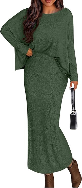 PRETTYGARDEN Women's Fall 2025 Two Piece Matching Skirt Sets Long Sleeve Tops Maxi Long Slit Body... | Amazon (US)