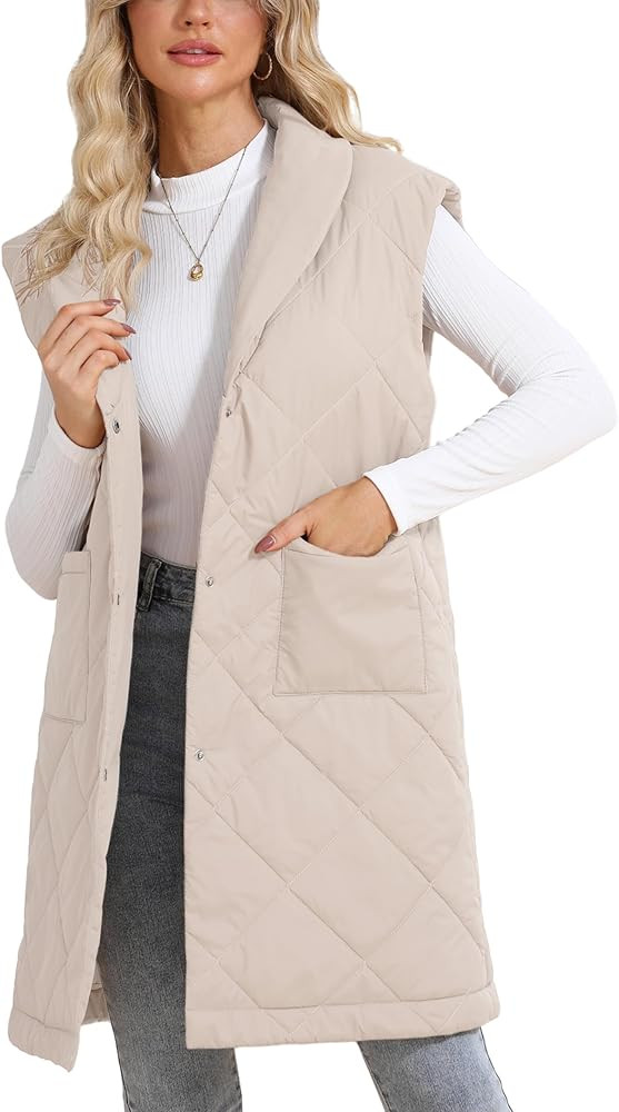 EsheSy Womens Long Line Quilted Puffer Vest Button Down Knee Length Sleeveless Lightweight Jacket... | Amazon (US)
