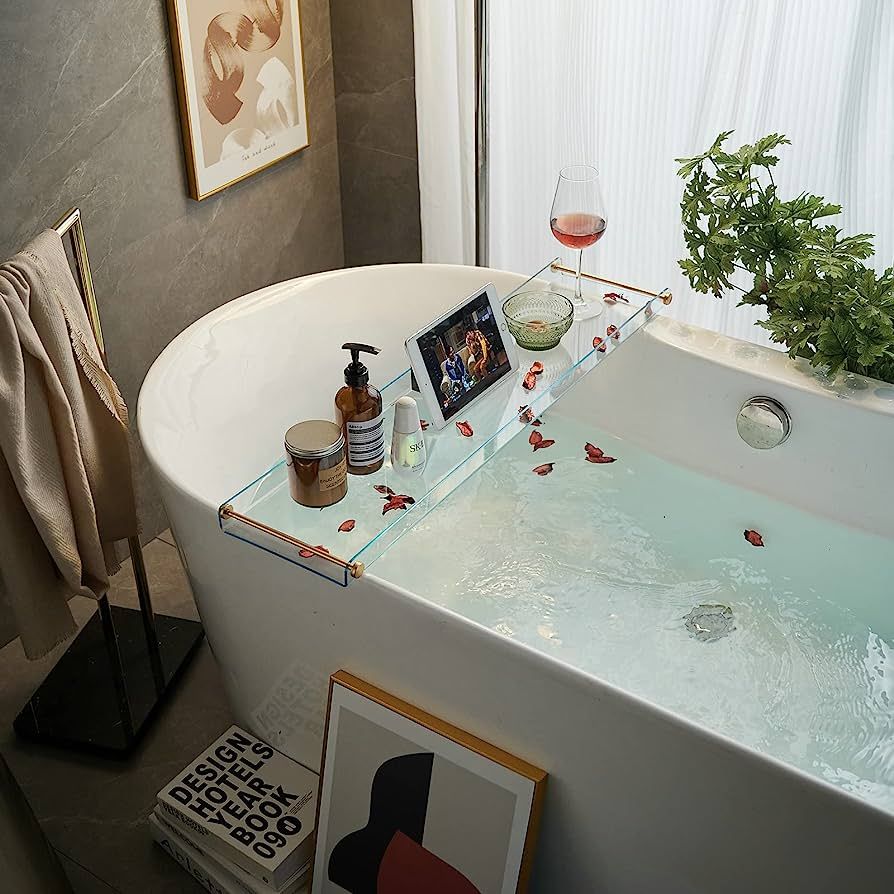 Bathtub Tray Bath Caddy Tray for Bathtub Luxury Bath Tub Tray Table, Acrylic (Blue) | Amazon (US)