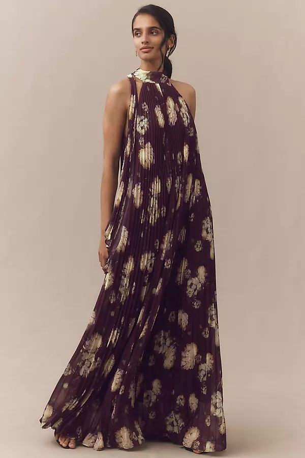 BHLDN Rosie Mock-Neck Pleated Chiffon Maxi Dress | Anthropologie (US)