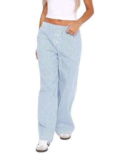 Balimtoy Women Y2k Striped Pajamas Lounge Boxer Pants Wide Leg Loose Trousers with Pockets Streetwear Blue and White Stripe L | Amazon (US)