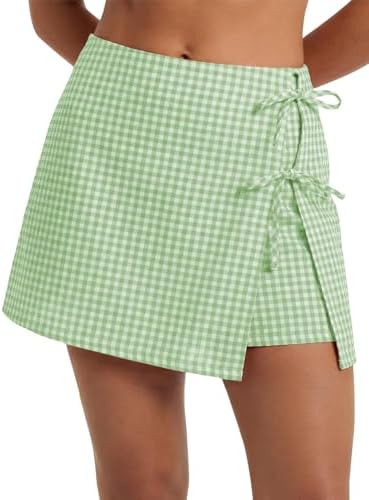 EXLURA Womens High Waisted Gingham Skort A-Line Wrap Mini Skirt with Shorts Side Tie Cotton Plaid... | Amazon (US)