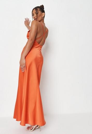 Premium Orange Satin Cowl Neck Maxi Dress | Missguided (US & CA)