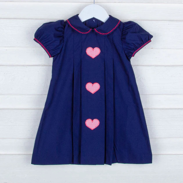 Navy Pleated Heart Applique Dress | Classic Whimsy