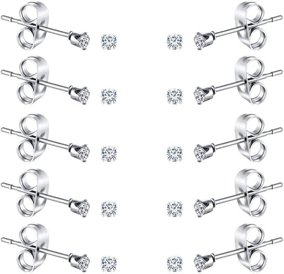 10 Pairs Tiny Womens Surgical Stainless Steel Clear Cubic Zirconia Stud Earrings, Hypoallergenic ... | Amazon (US)