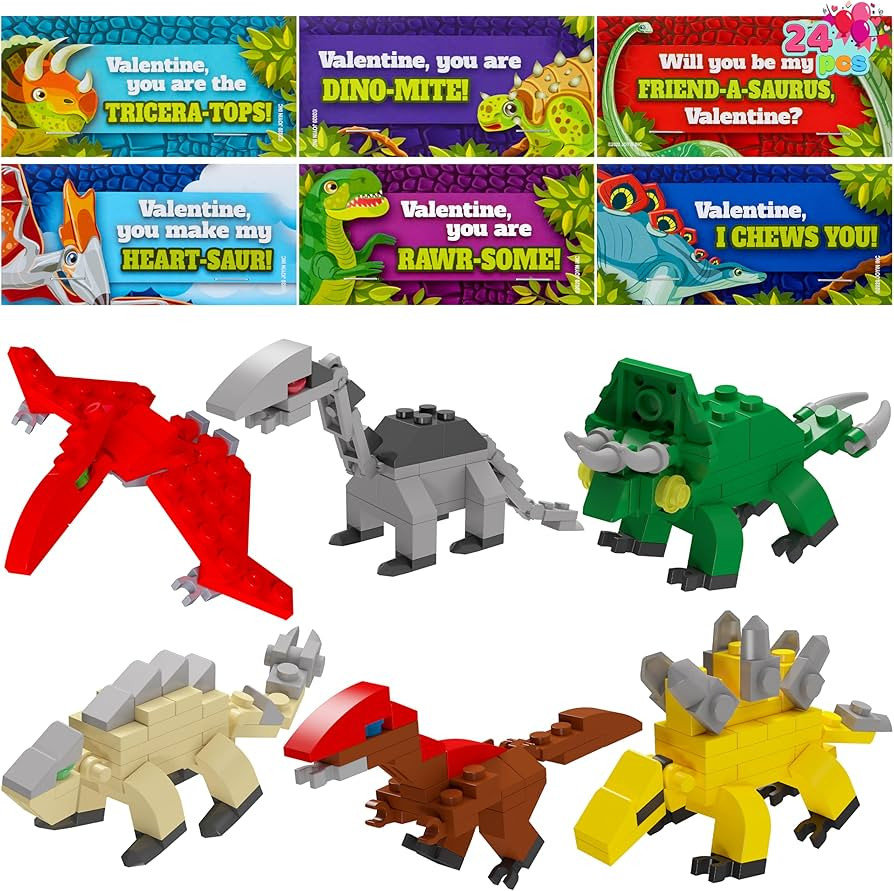 JOYIN 24 Packs Valentines Day Cards with Dinosaur Building Blocks for Gifts Party Favor, Classroo... | Amazon (US)