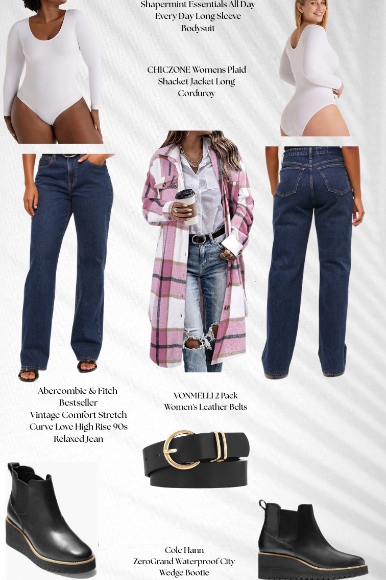 Shape wear long sleeve bodysuit, Abercrombie & fitch Tall jeans, paired with a plaid jacket! Fall/winter ready! 🍁

#LTKTall #LTKBeauty #LTKootd