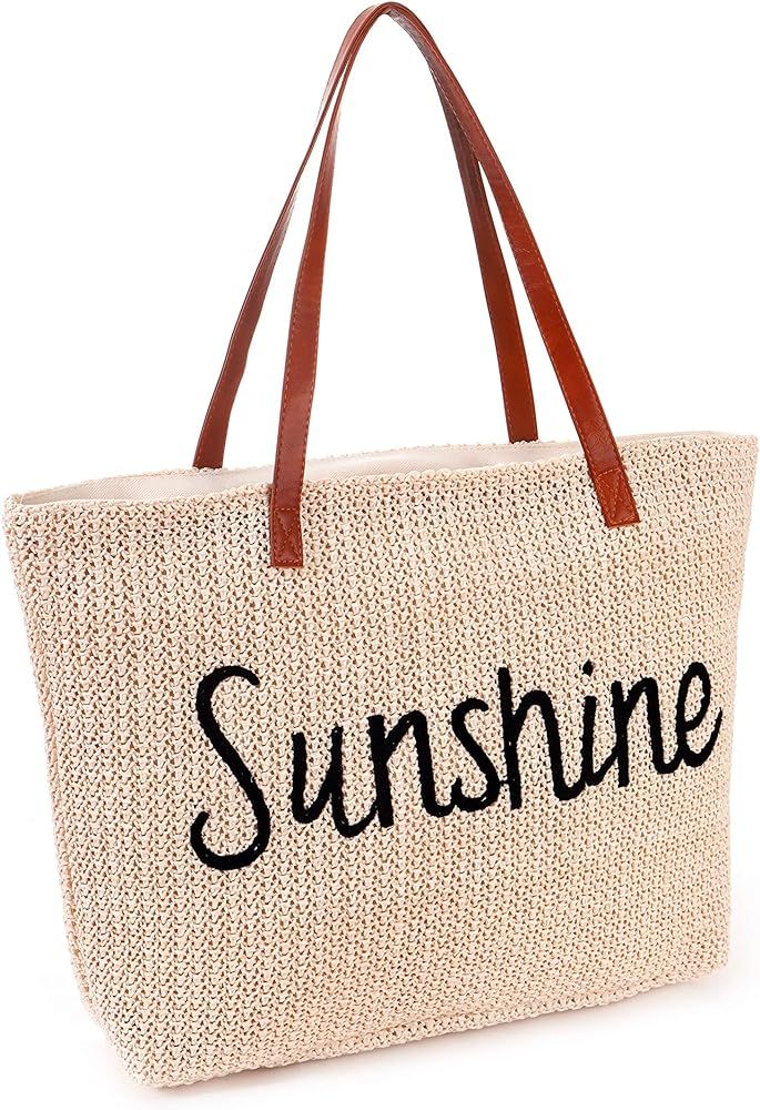 Women Beach Tote Summer Purse Handbag Utility Bag Zipper, Beige Cute Xl Large Woven Straw for Tra... | Amazon (US)