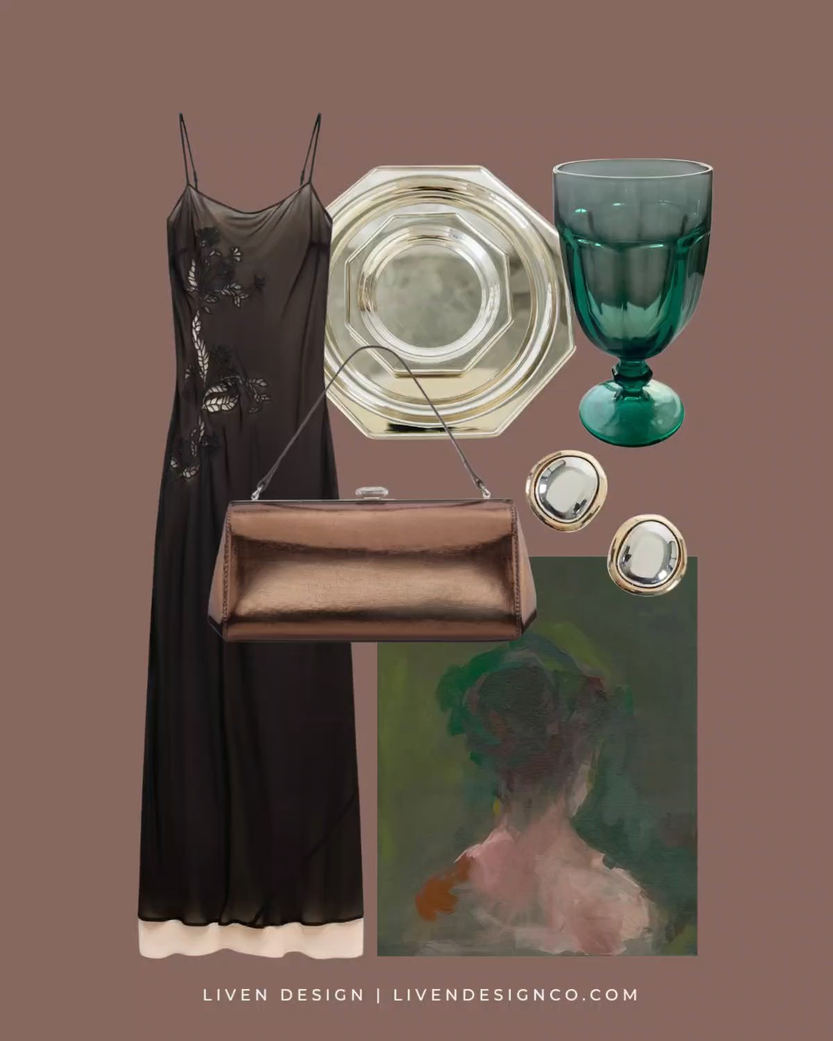 New discoveries. Style inspiration. Brown beaded dress. Silver vintage tray. Home decor. Vintage green glassware. Goblets. Portrait art painting. Bronze clutch. Statement earrings 

#LTKSeasonal #LTKHome #LTKSaleAlert
