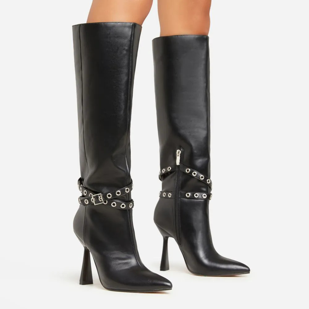 Ridley Eyelet Buckle Detail Pointed Toe Thin Flared Block Heel Knee High Long Boot In Black Faux ... | EGO (UK)