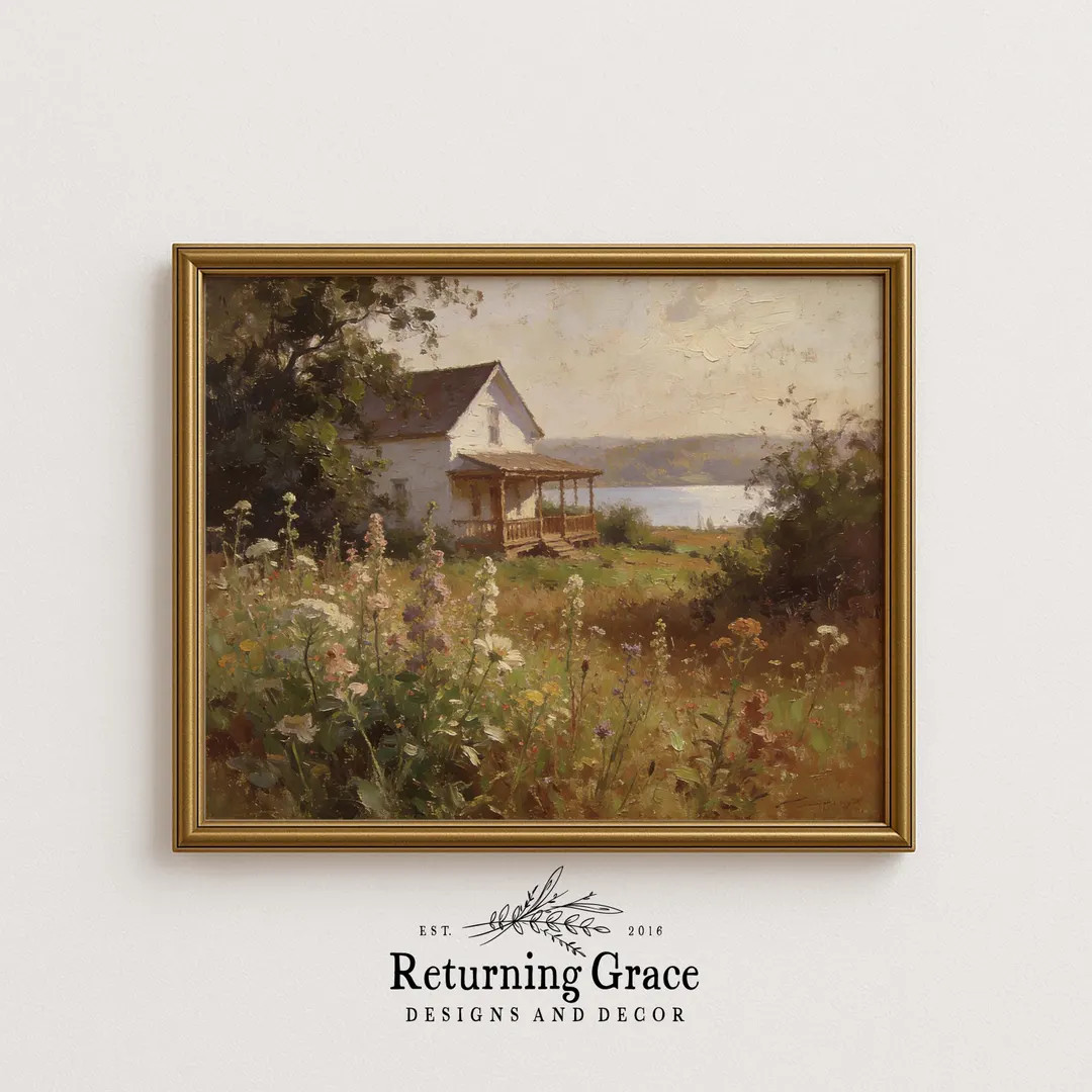 Cottage Landscape Print, Farmhouse Art, Spring Garden Art (digital Download), Farmhouse by the La... | Etsy (US)