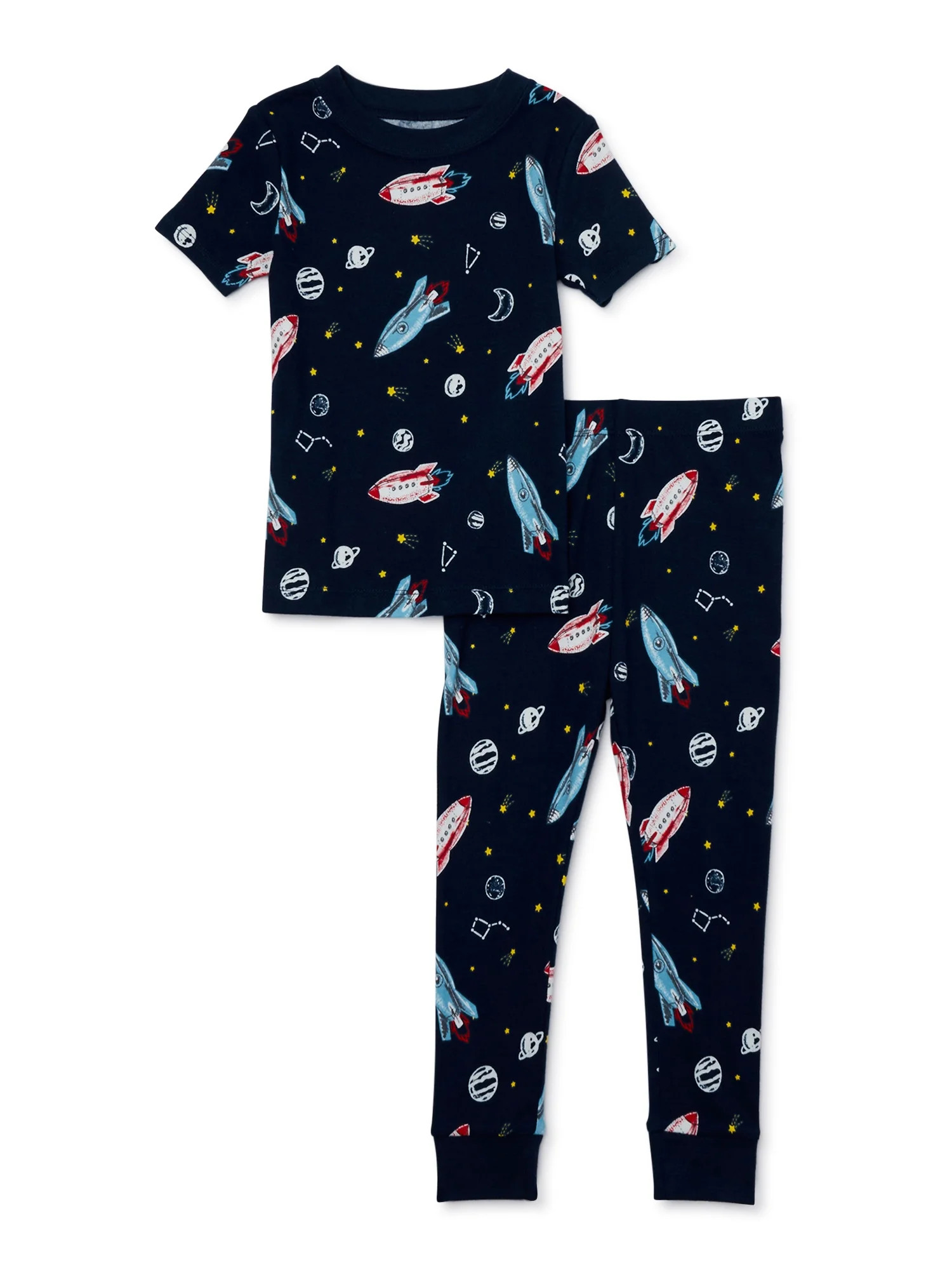 Wonder Nation Toddler Short-Sleeve Long Pants Snug-Fit Cotton Pajama Set, 2-Piece, Sizes 12M-5T | Walmart (US)