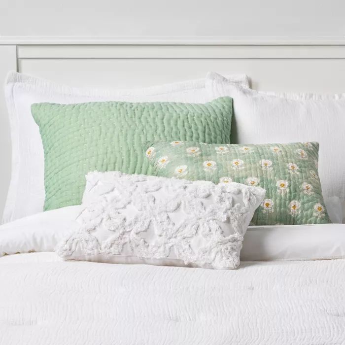 Oblong Block Print Kantha Floral Stitch Decorative Throw Pillow White/Blue - Threshold™ | Target
