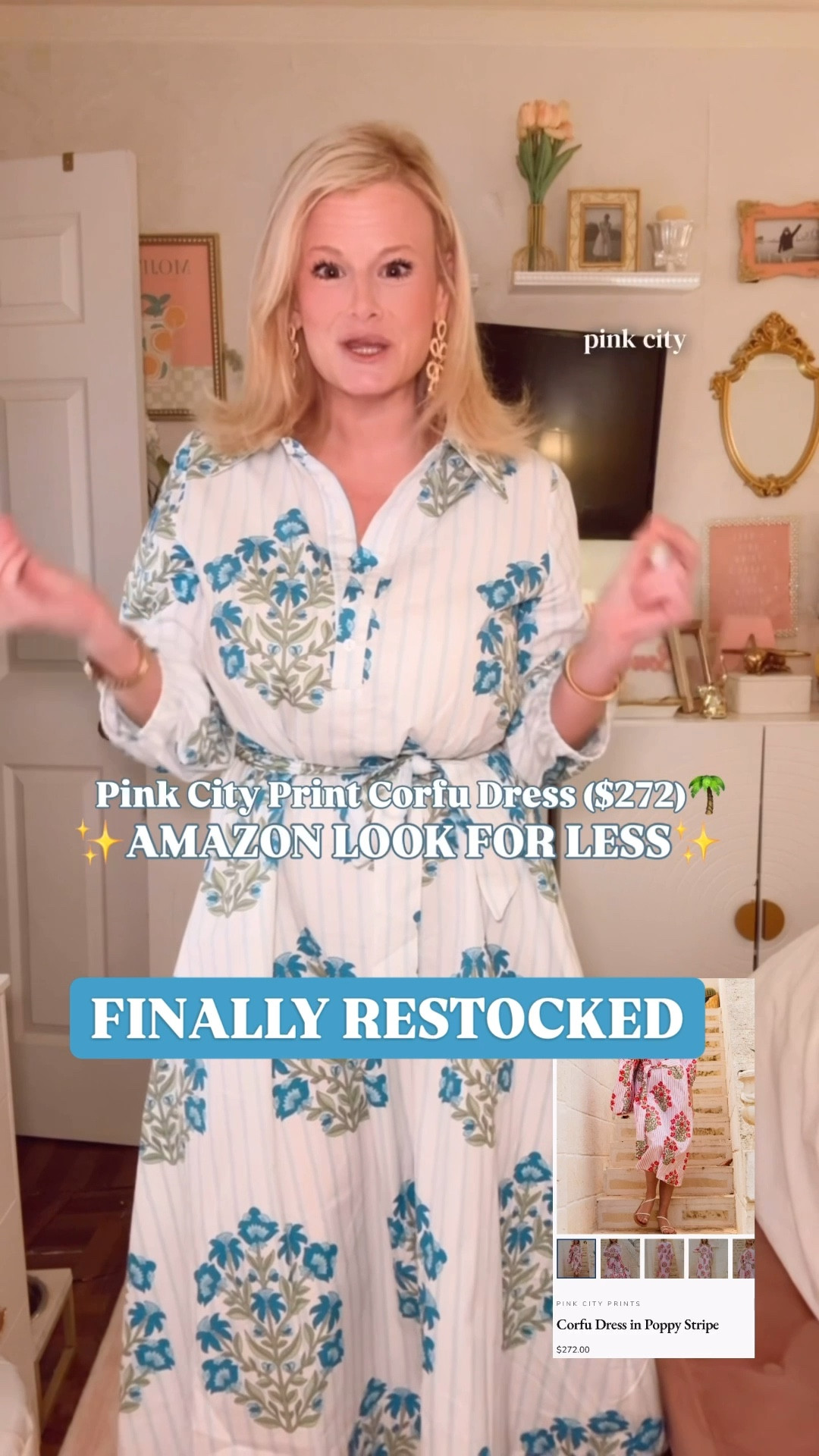 it’s back. and it is already going.

the blue colorway of this Pink City Prints Corfu dress look for less just restocked on Amazon and if the last time taught me anything it is that this does not last. 

the Pink City Prints Corfu dress retails for $272. this version has everything that makes that dress what it is — the blue and white block print, the stripe ground, the relaxed resort silhouette that looks completely intentional without any effort, the button front, the tie waist. a fraction of the price. five stars. medium on me and it runs generous.

100% cotton. lightweight. breathable. the kind of dress that travels beautifully and looks better in person than it does on a screen. wear it loose and it is pure resort. cinch the belt and it is polished enough for anything on your calendar.

vacation. wedding guest. garden party. coastal dinner. spring weekend away. this dress handles every single one without asking you to think twice.

do not wait on this one.

Pink City Prints look for less, Pink City Prints dupe, Pink City Prints Corfu dress dupe, Corfu dress look for less, blue block print dress, blue and white dress women, block print dress women, floral block print dress, cotton block print dress, resort dress women, spring dresses, spring dresses 2026, summer dresses women, vacation outfits beach, vacation dress women, resort wear women, preppy spring dress, preppy summer dress, preppy vacation dress, Palm Beach style dress, coastal style dress, spring outfits 2026, spring outfits women, summer outfits women, wedding guest dress spring, garden party dress, brunch dress women, floral midi dress, button front dress women, tie waist dress women, Amazon fashion finds, Amazon dress find, affordable designer dupe, luxury look for less dress, look for less spring dress, feminine spring dress, blue midi dress women, spring fashion 2026
#PinkCityPrints #LookForLess #BlockPrintDress #AmazonFashionFinds #VacationOutfit  #LTKFindsUnder100

#LTKWedding #LTKSeasonal #LTKTravel