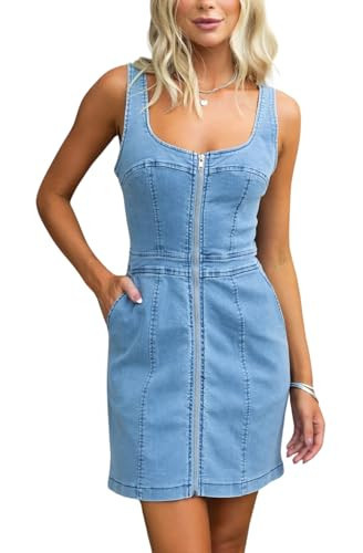 Womens Summer Casual Tank Denim Dress Sleeveless Zipper Front Mini Sexy Jean Dresses with Pockets (X-Small,Light Blue) | Amazon (US)