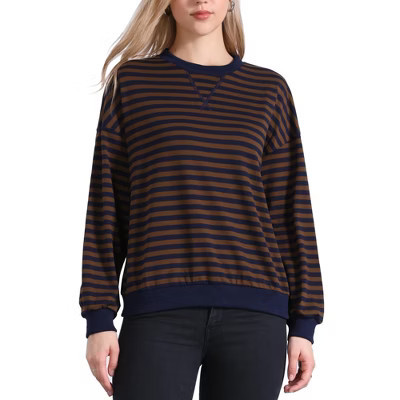 INSPIRE CHIC Women's Striped Long Sleeves Crew Neck Casual Tops X-Large Brown | Target
