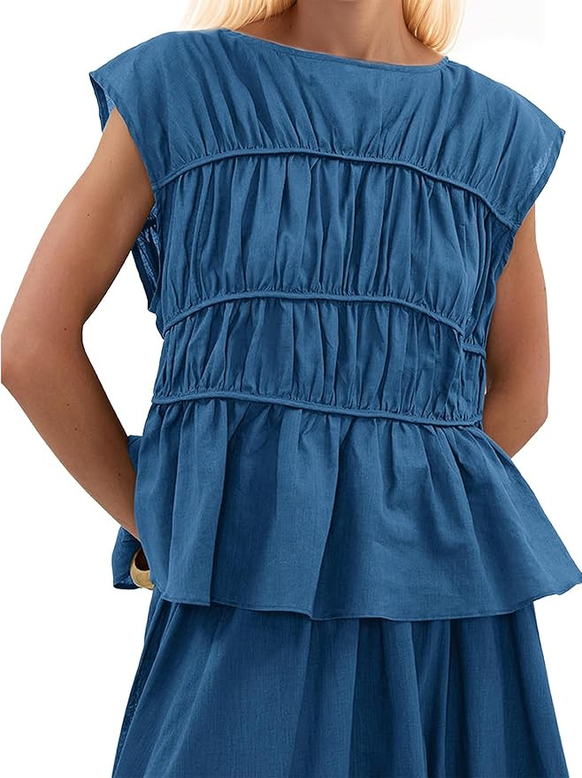 MISSACTIVER Women's Casual Tiered Shirred Tank Top Crew Neck Cap Sleeve Pleated Flared Hem Babydo... | Amazon (US)