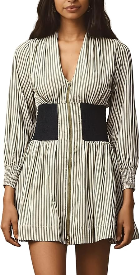 Womens Long Sleeve Mini Dress V Neck Smocked Zipper Dress Casual A Line Short Dress with Pockets | Amazon (US)