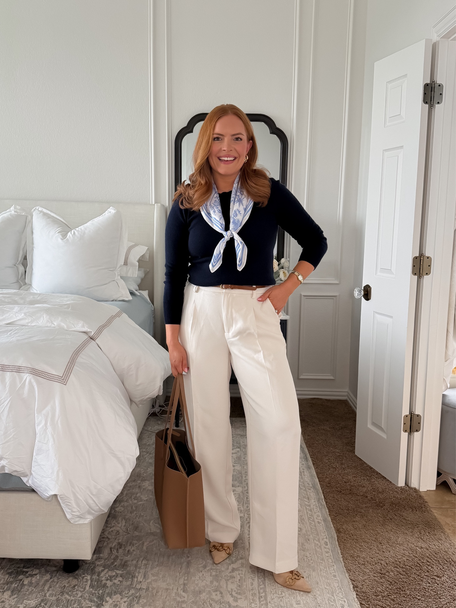 Classic business casual outfit for spring. A navy knit with a silk scarf and tailored white trousers is an easy mom workwear formula that looks polished without overthinking it. Perfect work outfit idea for meetings or office days.

#momworkwear #springworkwear #businesscasualoutfit #workoutfitideas #officeoutfit

#LTKmomlife #LTKootd #LTKWorkwear