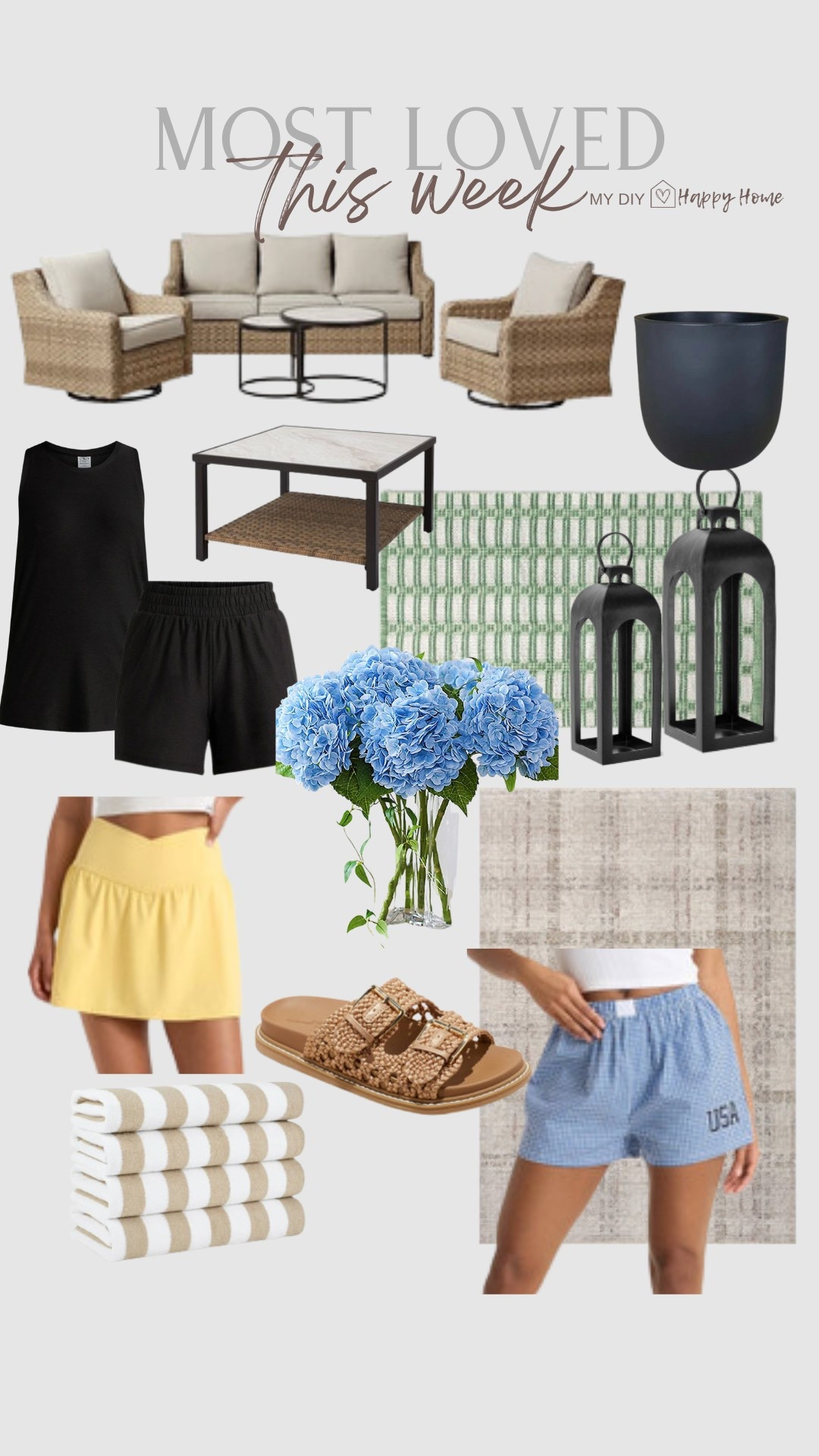 This weeks most loved and best sellers:

My outdoor furniture set
Outdoor square coffee table 
Black resin planter 
Butter core tank + shorts 
Outdoor lanterns 
Outdoor layering rug 
Realistic look Faux hydrangeas 
Crossover waist athletic skort
Gingham USA shorts 
Sandals 
Tan cabana stripe towels 
My entryway rug 