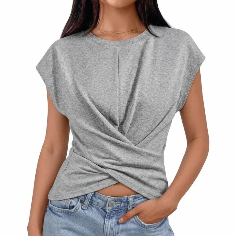 Uootdi Blouses for Women Crew Neck Short Sleeve Twist Front Tops Loose Casual Lightweight Daily C... | Walmart (US)
