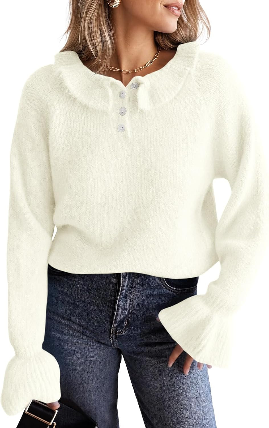 Saodimallsu Womens Ruffle Sweaters Collared Long Sleeve Fall Pullover Tops | Amazon (US)