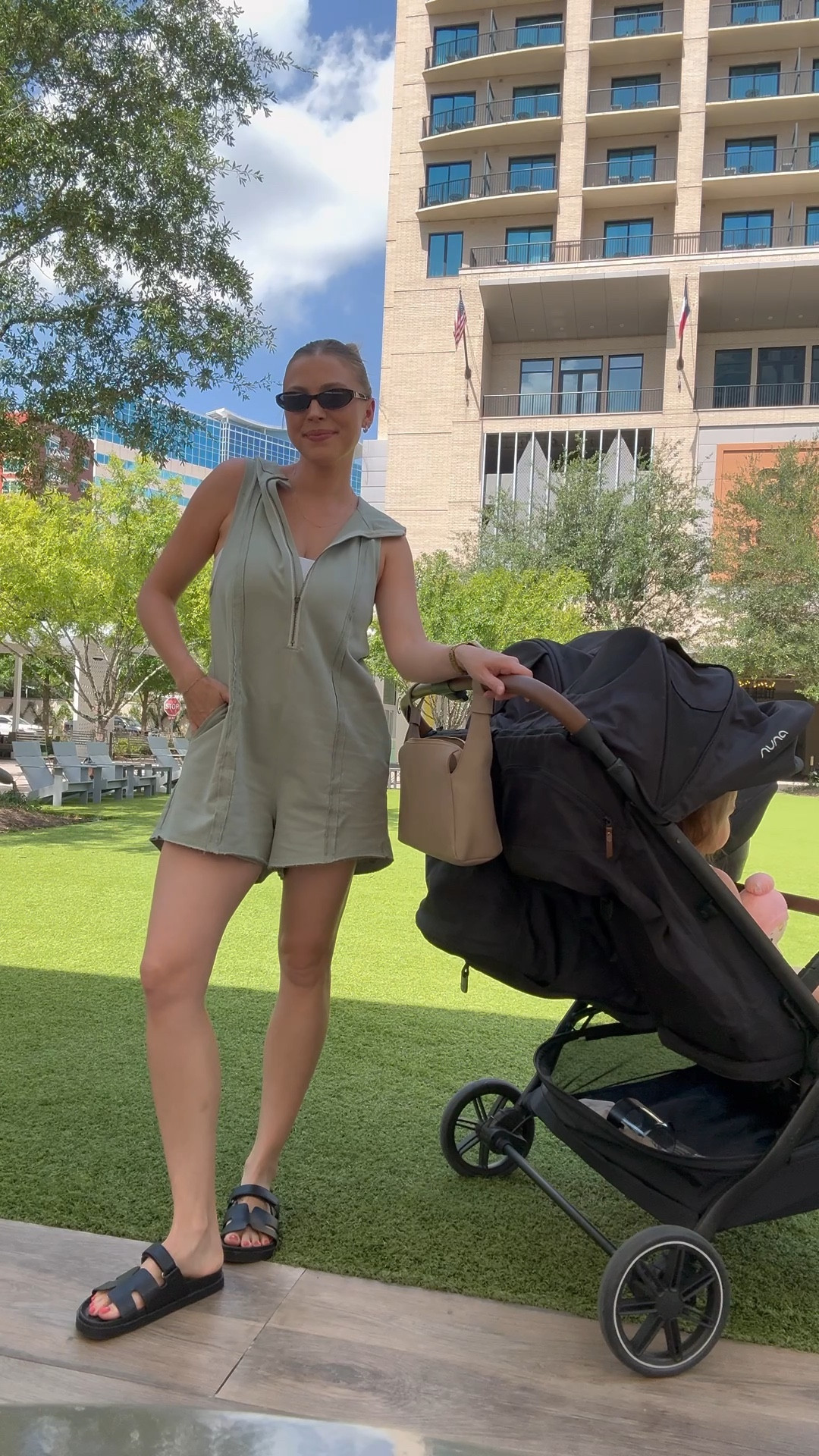 Mom summer ootd | what I wore to run errands as a mom of two! This romper is a new fav. The zipper makes it nursing friendly and it’s so flowy and perfect for postpartum or a small bump. I’m wearing a S in romper and M in sports bra tank. Sandals are tts  

#LTKTravel #LTKBump #LTKBaby