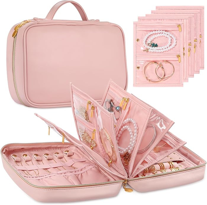 Leather Travel Jewelry Case Organizer,Jewelry Storage Book Binder with Clear Zipper Pouch & Linin... | Amazon (US)
