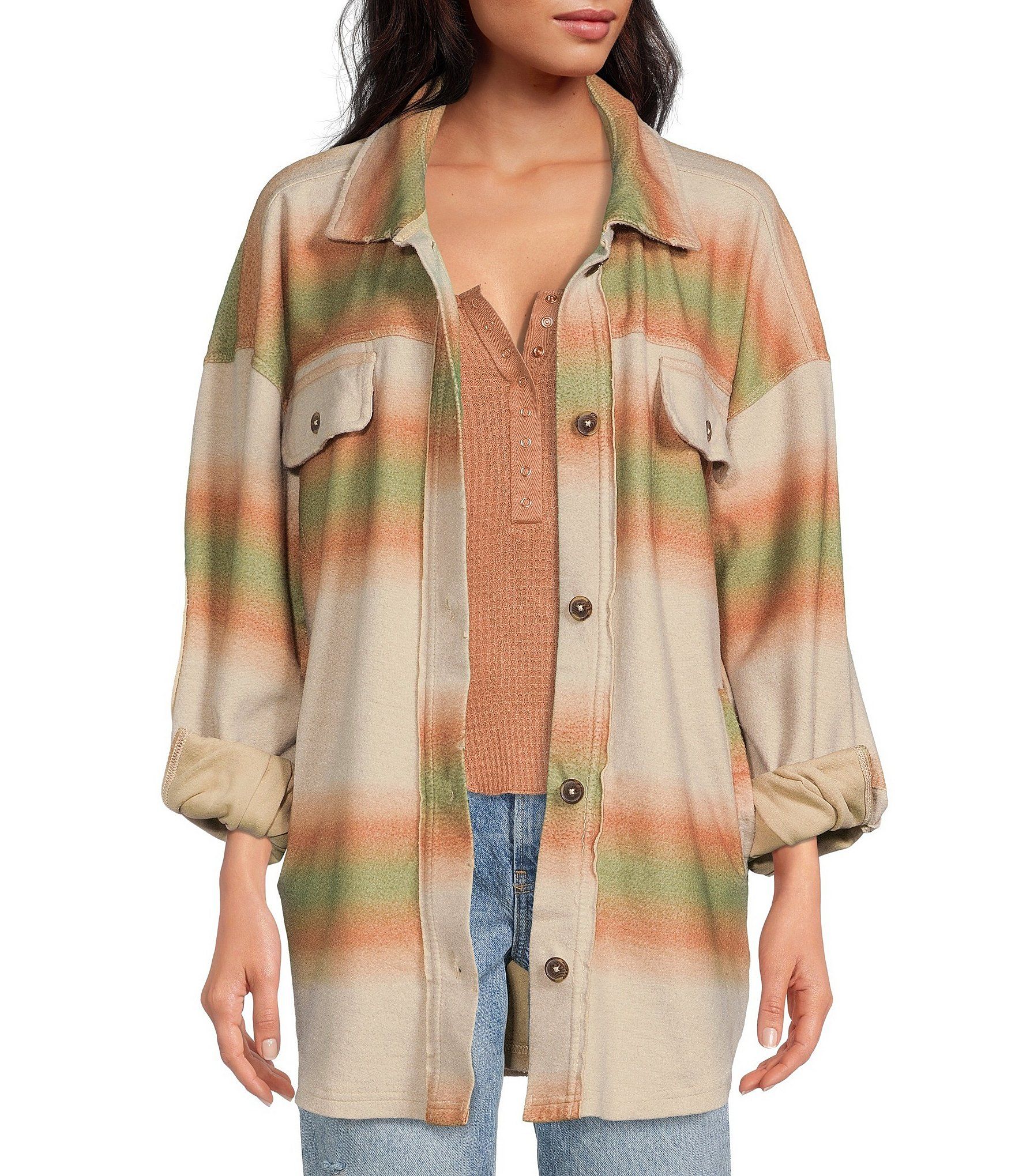 Ombre Stripe Point Collar Drop Shoulder Long Sleeve Button Front Boxy Knit Shirt Jacket | Dillard's