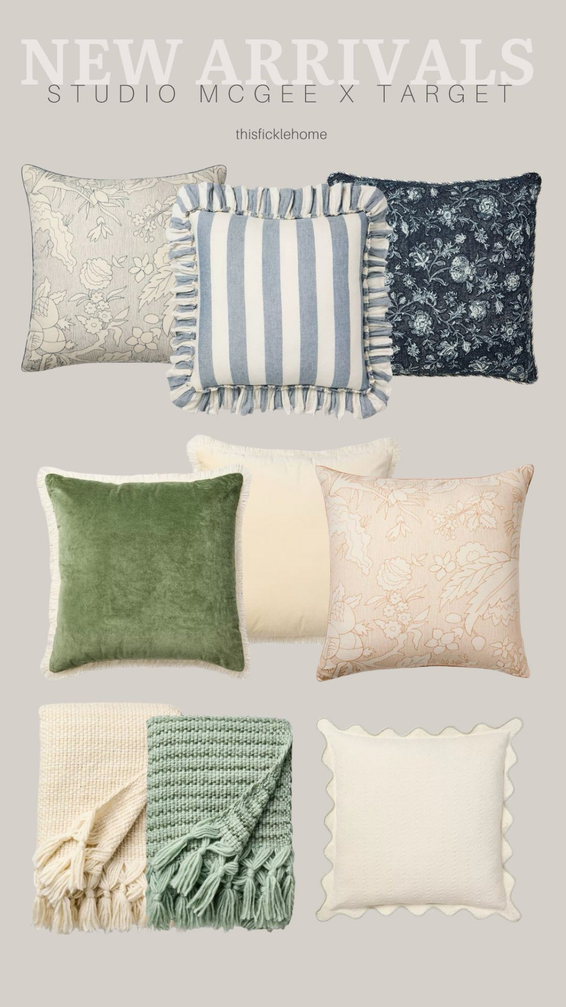 New Threshold Studio McGee collection at Target for spring. 

Spring throw blankets. Spring pillows. Ruffled edge pillow. Scalloped edge pillow. Floral pillow. Velvet pillow. Striped pillow.

#LTKHome