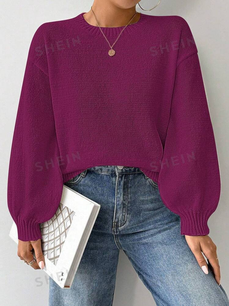 SHEIN Relaxiva Loose Round-Neck Lantern Sleeveharmony Drop Shoulderknitted Sweater | SHEIN