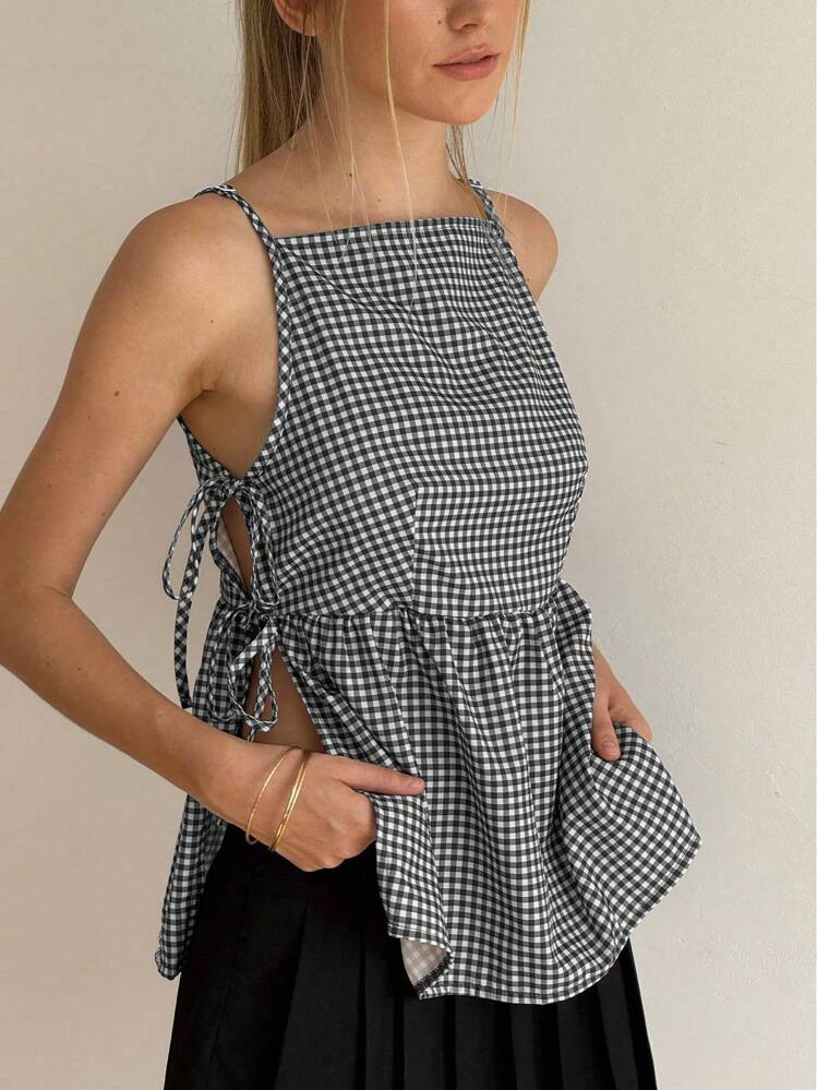Jouncy Women's Casual Plaid Side Slit Tie Strap Camisole Top, Summer | SHEIN