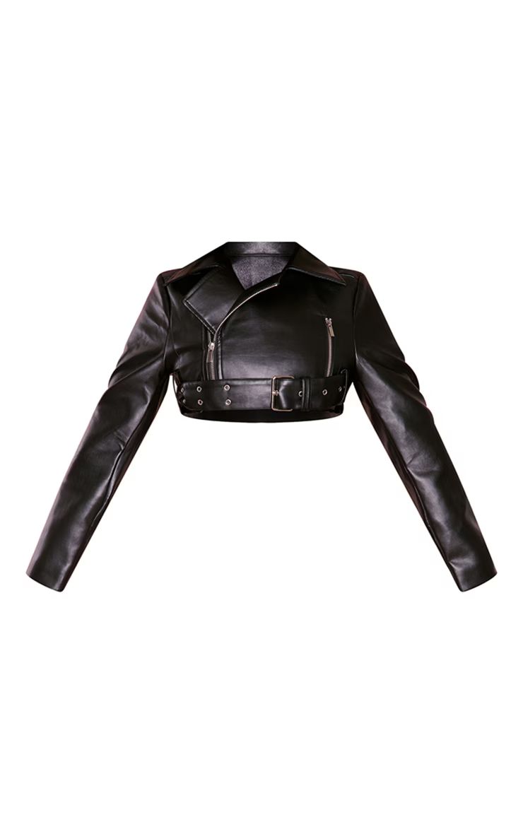 Petite Black Faux Leather Super Cropped Belted Biker Jacket | PrettyLittleThing US