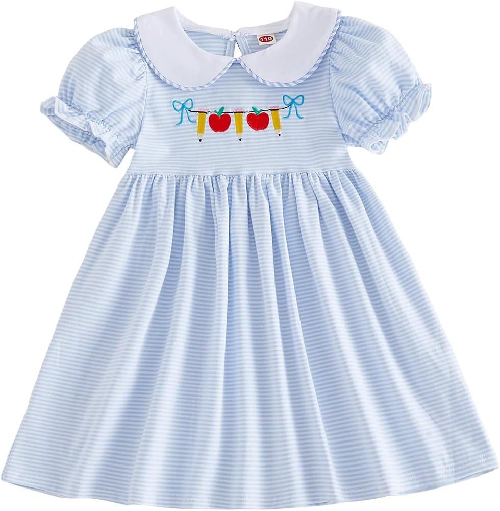 Toddler Girl Back to School Outfit Apple Print Short Sleeve Smocked Dress | Amazon (US)