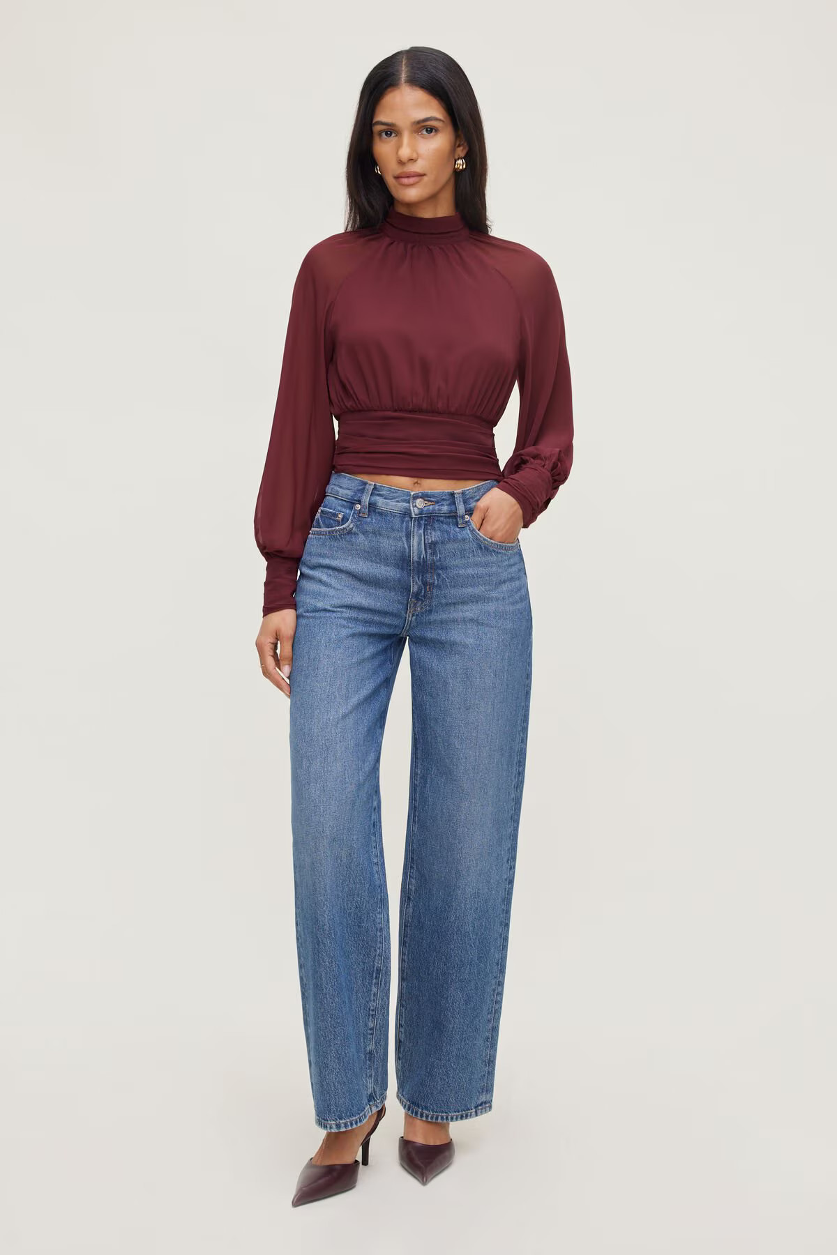 Mock Neck Chiffon Blouse | Dynamite Clothing