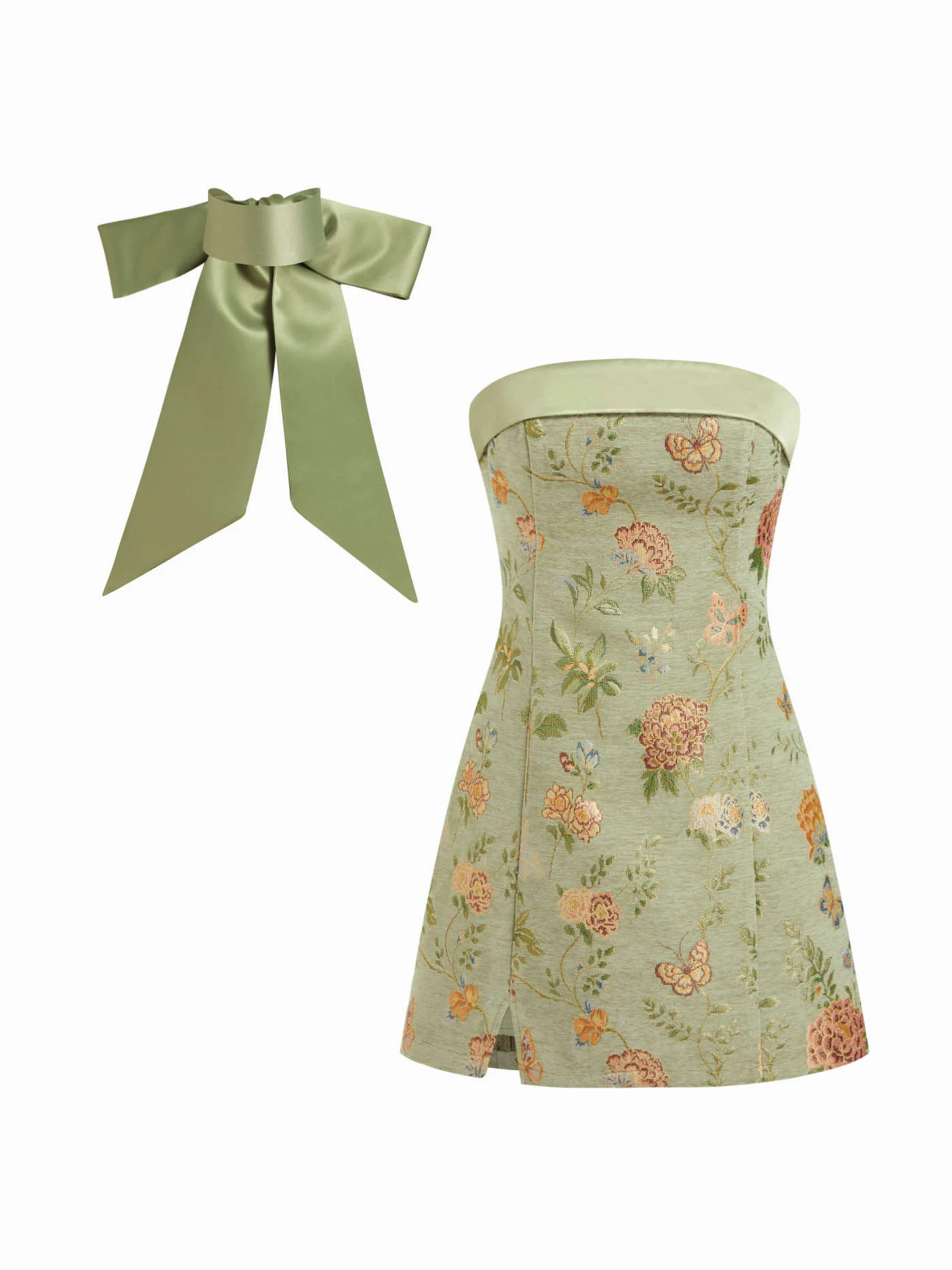 Jacquard Floral Bandeau A-line Mini Dress With Bowknot Scarf | Cider
