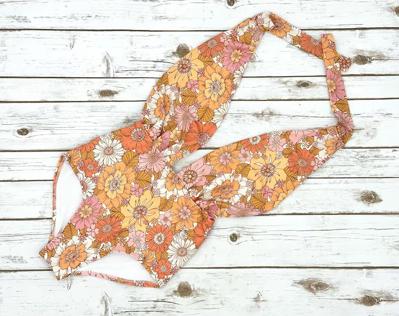Orange Floral 70's Vibe Swimsuit Recycled Eco Friendly Bathing Suit Handmade One Piece Maillot Un... | Etsy (US)