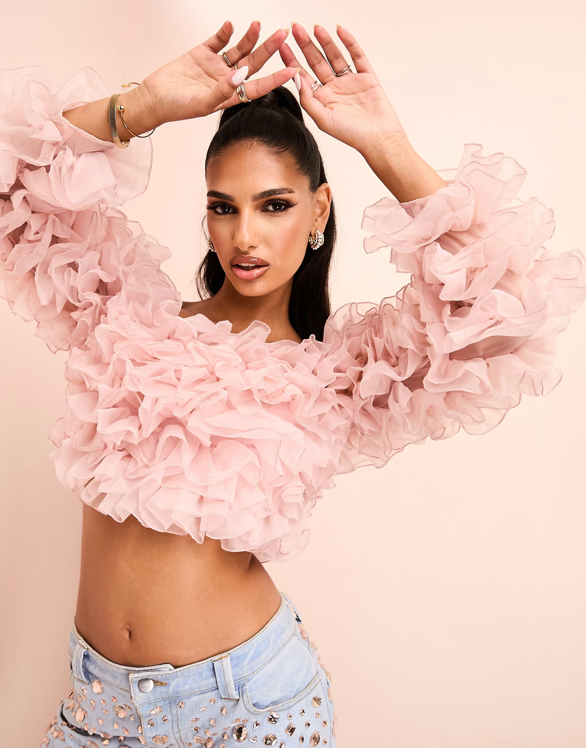 ASOS Luxe floral ruffle off shoulder bandeau top in blush pink | ASOS (Global)