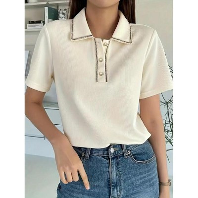 Women's Short Sleeve Polo Shirt Contrast Trim Button Front Casual Ribbed Knit Top,Apricot,XX Large | Target