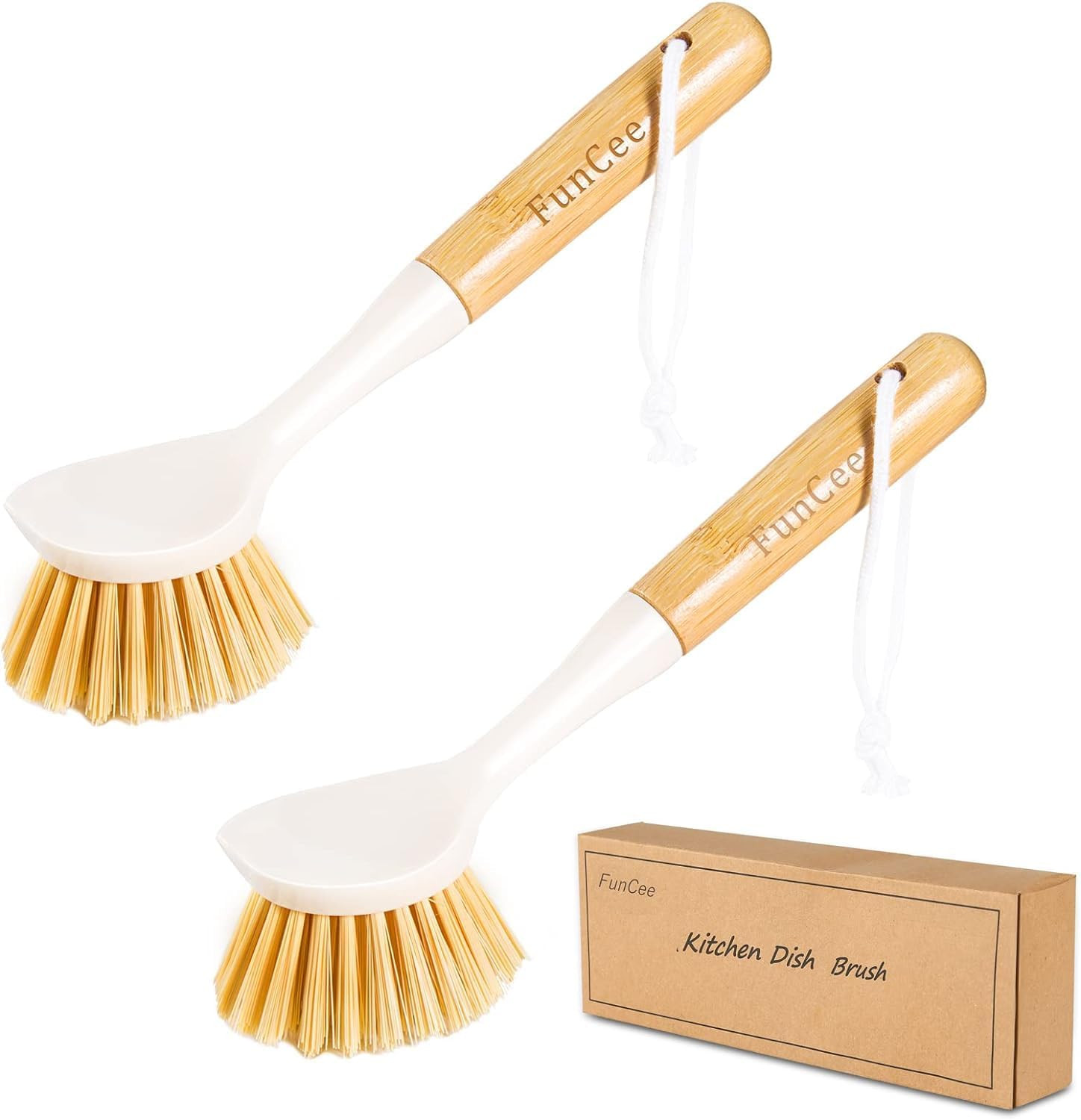 FunCee 2 Pack Kitchen Dish Brushes with Bamboo Handle, Dish Scrubber Built-in Scraper, Scrub Brush for Pans, Pots, Counter & Kitchen Sink Cleaning, Dishwashing and Cleaning Brush Tools, White | Amazon (US)