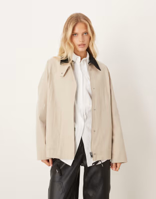 Mango cotton mix barn jacket with contrast collar in beige | ASOS | ASOS (Global)