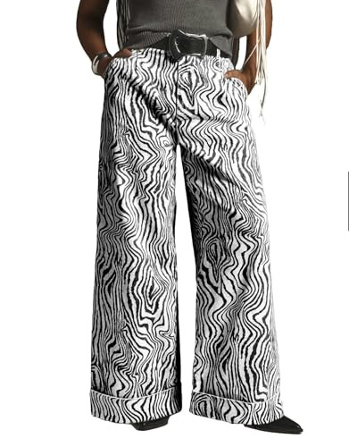 YEXPINE Women's Zebra Printed Wide Leg Pants Double Hem High-Rise Cuffed Baggy Jeans Black | Amazon (US)