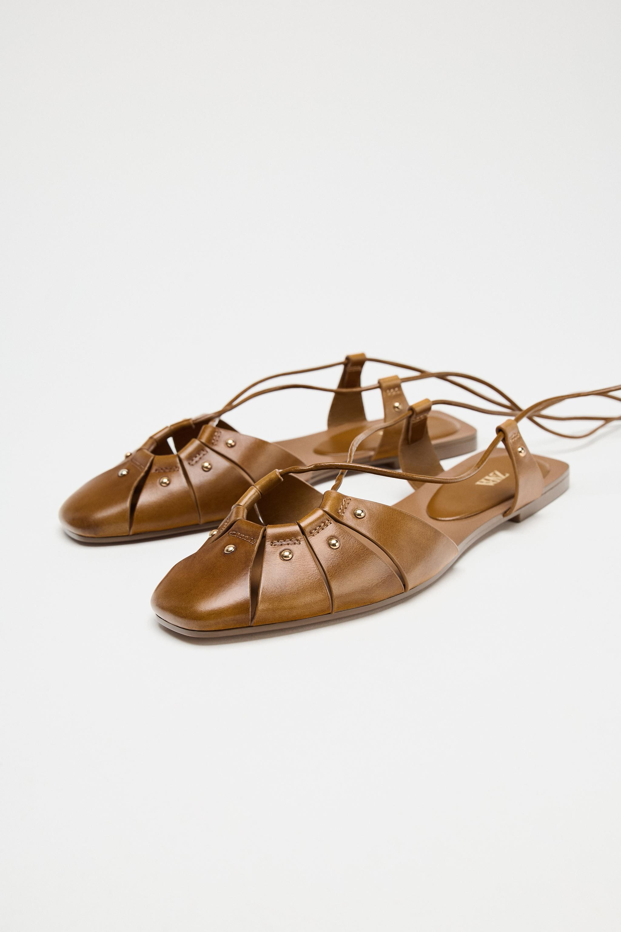 LEATHER STUDDED TIE-UP CAGE SANDALS | Zara UK