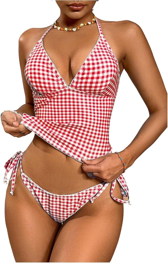 WDIRARA Women's Plaid Gingham Halter Tankini Swimsuits Tie Side 2 Piece Bathing Suit | Amazon (US)