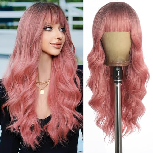 UNNYMGER Pink Wig with Bangs Long curly wavy Wig for Women Powder wig with Natural Black root skin-friendly synthetic fibersc for festival holiday Use 26IN | Amazon (US)